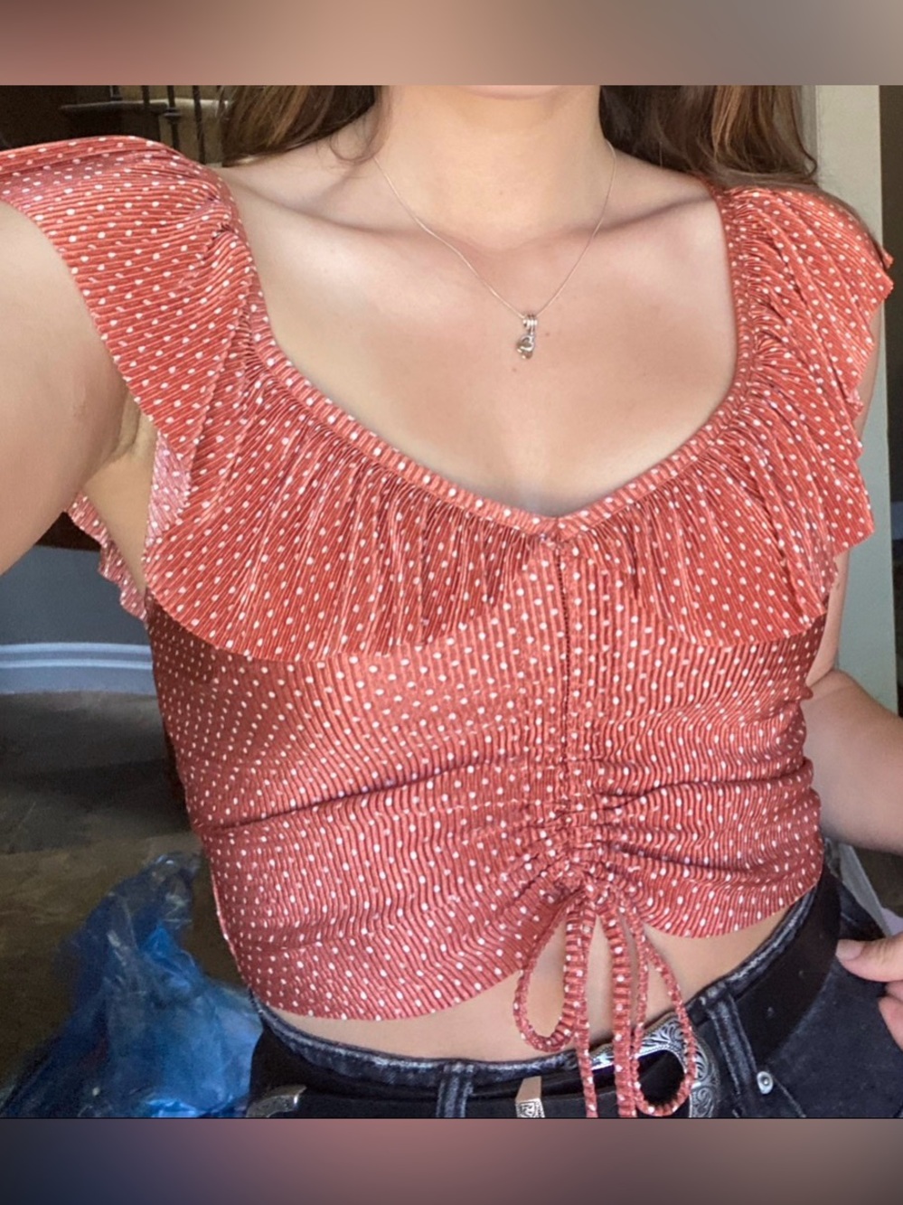 Zara Rust Polka Dot Ruched Drawstring Crop Top - Picture 1 of 2